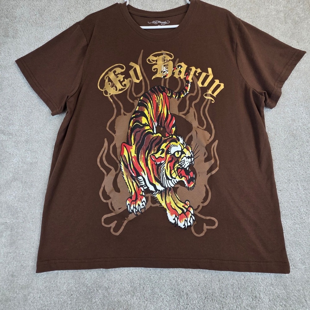 Ed Hardy Tiger Graphic T-Shirt Mens XL Brown Short Sleeve